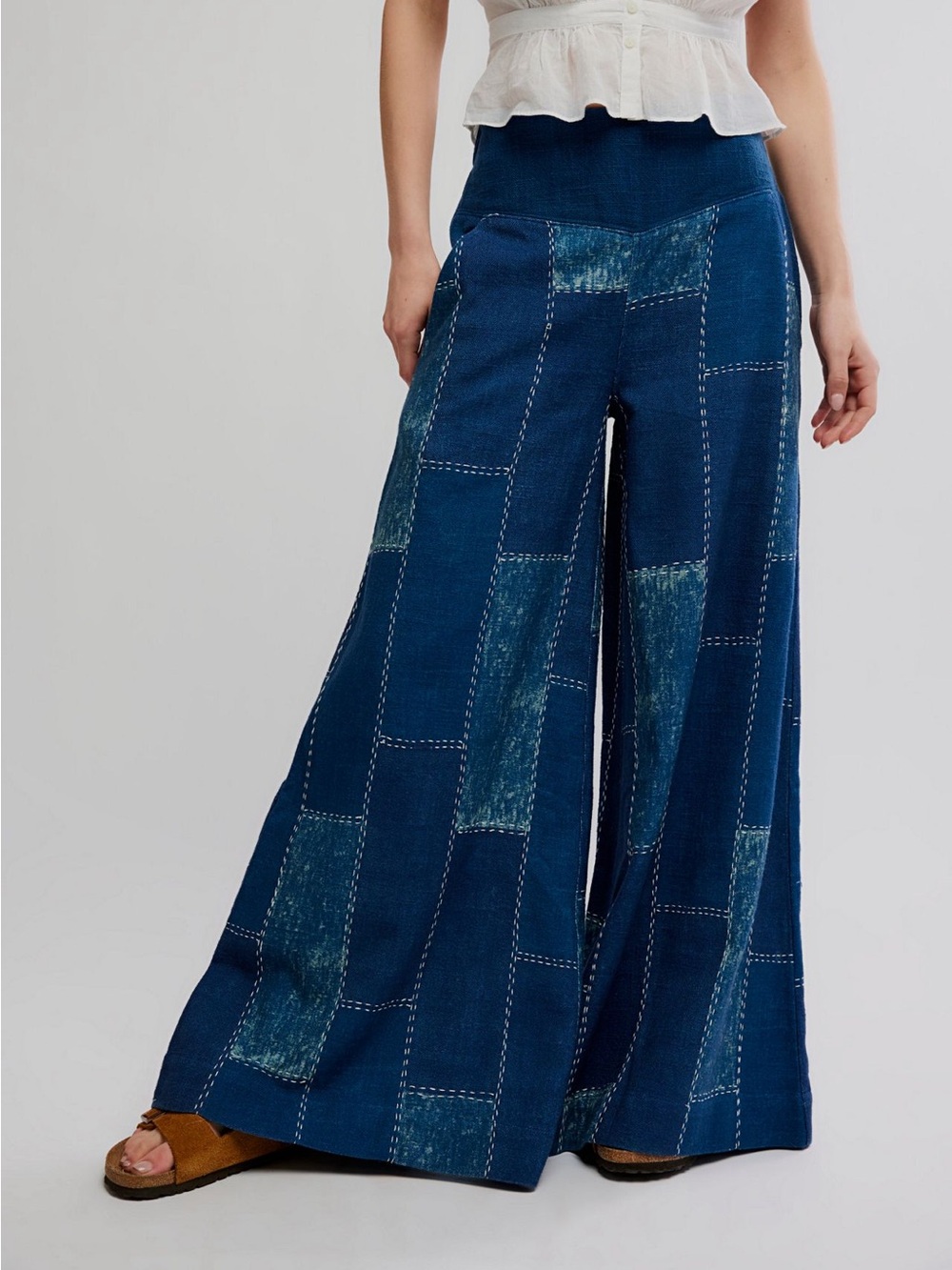 Free People Patches Wide-Leg Flare Jeans Pants Patchwork Boho Blue $248 - Picture 2 of 6